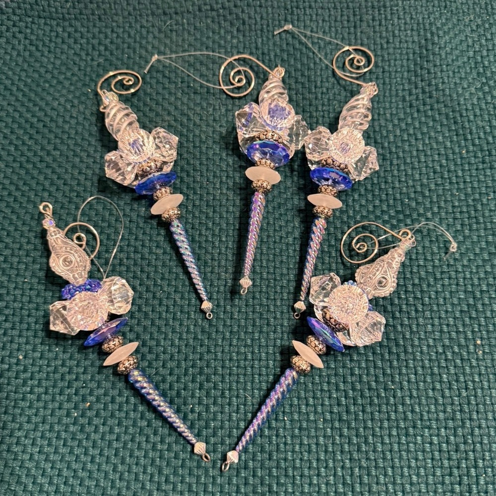 Christmas Ornaments Clear Silver Blue Acrylic Prism Set Of 5 Ornaments 6" Drop